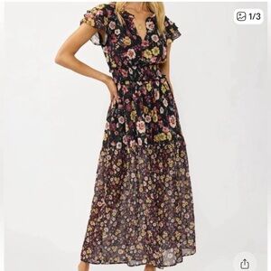 Lovestitch Black Floral Flutter Sleeve Maxi Dress-L